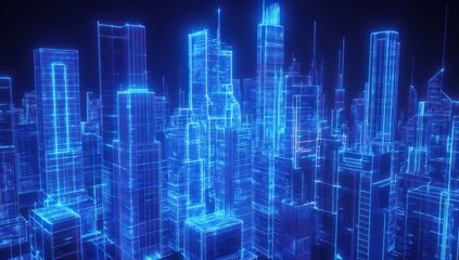Fototapeta premium Cyberpunk Cityscape: A Digital Metropolis Glowing in Neon Blue