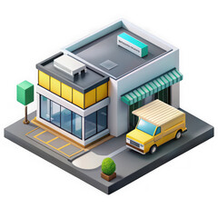 3d illustration of isometric view of a store building with a van isolated on transparent