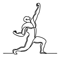 Triumphant Victory – handsome man in elegant emotional theatrical pose: minimalist single-line black drawing One line art.