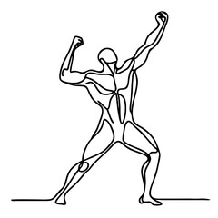 Triumphant Victory – handsome man in elegant emotional theatrical pose: minimalist single-line black drawing One line art.