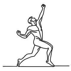 Triumphant Victory – handsome man in elegant emotional theatrical pose: minimalist single-line black drawing One line art.