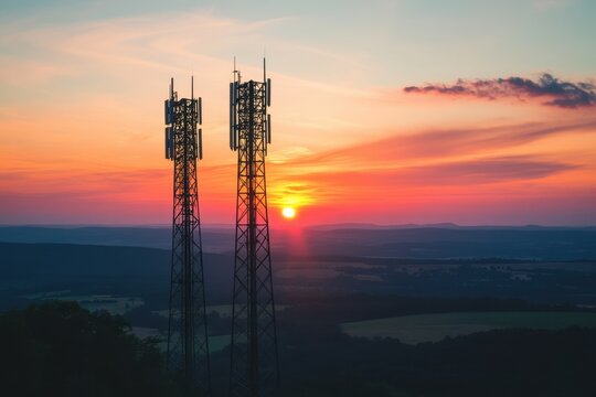 Cellular Towers Delivering Broadband Connectivity to Rural Areas at Sunset, Highlighting the Digital Divide