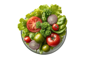 PNG Fresh vegetable salad with tomatoes, lettuce, and onion on glass plate
