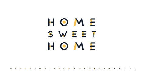 Modern geometric logo font with phrase Home Sweet Home. Trendy minimalist creative abstract colour alphabet typography for posters, cards, branding, wall decor, social media. Vector illustration.