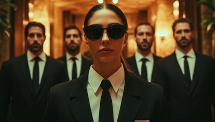 Mysterious Woman with Bodyguards in a Luxurious Hotel