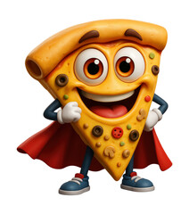 Superhero Pizza Slice Character with Cape, Isolated on Transparent and White Background
