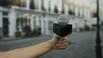 Man's hand holding a microphone on a city street demonstrates outdoor interviewing setup in an...