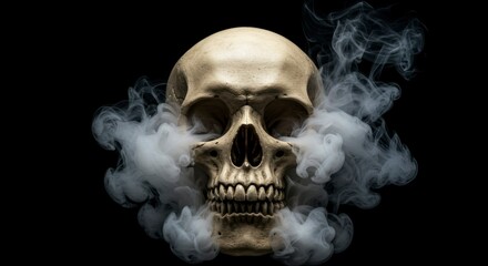 Skull surrounded by smoke on black background