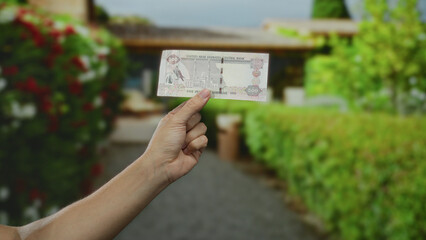 Man holding united arab emirates dirham banknote in outdoor park setting on a sunny day showcasing...