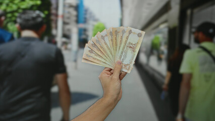 Man holding united arab emirates dirham banknotes outdoors on a sunny city street, showcasing...