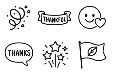 6 black and white celebration icons. Cartoon vector for Thanksgiving events.