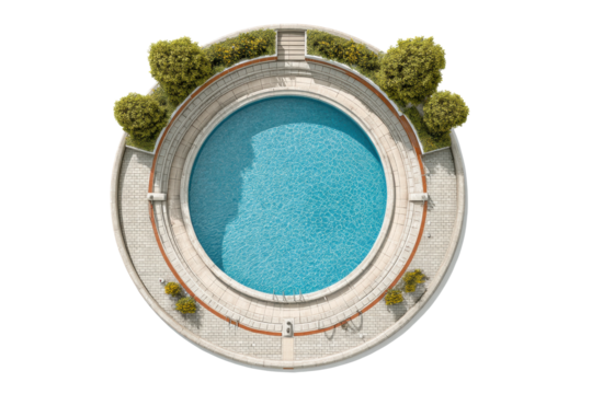 PNG Circular outdoor swimming pool with clear blue water and surrounding trees