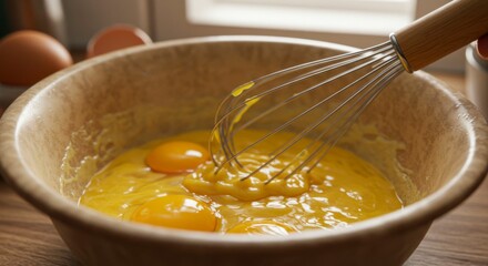 Wooden bowl filled with egg yolks and creamy mixture, being whisked