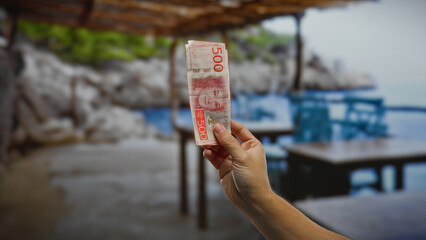 Man holding swedish krona on a seaside terrace in summer, highlighting international travel and...