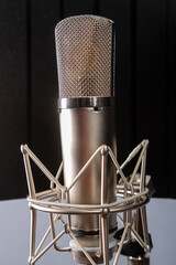 Silver studio microphone with a holder on a gray background