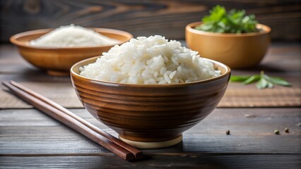 Photo of a steaming bowl of fluffy white rice sits on a rustic wooden table, accompanied by chopsticks and a bowl of fresh herbs