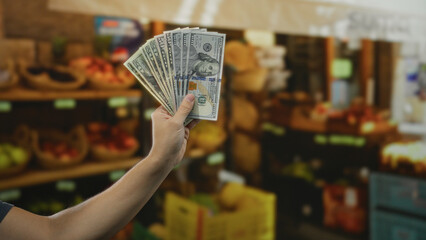 Man holding american dollars in hand at indoor fruit market setting suggesting shopping or payment...