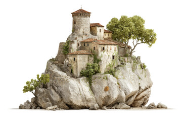 PNG Medieval stone fortress on rocky island with lush greenery