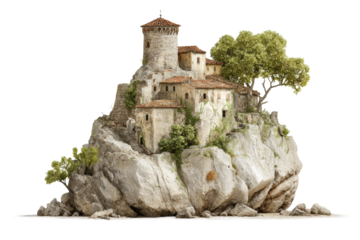PNG Medieval stone fortress on rocky island with lush greenery