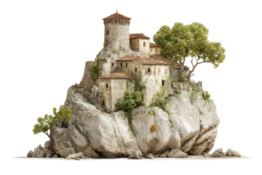 PNG Medieval stone fortress on rocky island with lush greenery