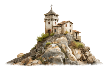 PNG Rustic stone house and tower on rocky cliff with cross