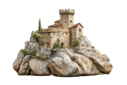 PNG Medieval stone fortress on rocky cliff with tower and ancient architecture