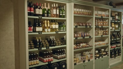 Blurred shelves displaying wine and grocery items in a store capture the vibrant assortment and organization typical of a bustling shop environment.