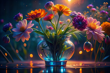 Kolorowy bukiet kwiat&oacute;w w szklanej wazonie z ciepłym światłem