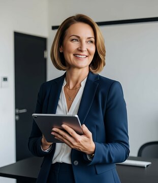 Smiling mature professional business woman bank manager, older happy female executive or lady entrepreneur holding digital tablet pad standing in office at work, looking away at copy space.&nbsp;