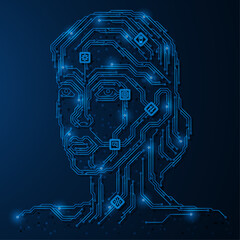 A person's digital identity. The woman's face is made in the form of tracks of a circuit board with microchips.