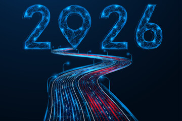 The road leading to 2026. Polygonal design of networks and nodes. Blue background.