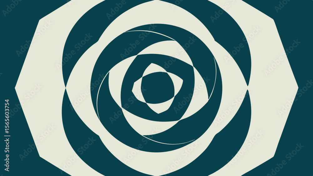 Poster abstract geometric pattern with swirling curves and sharp edges in teal and cream
