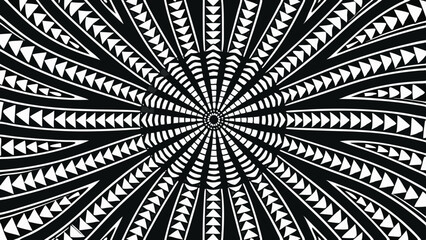 Intricate black and white radial tribal pattern with sharp geometric shapes