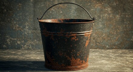 Rusted metal bucket on a textured surface