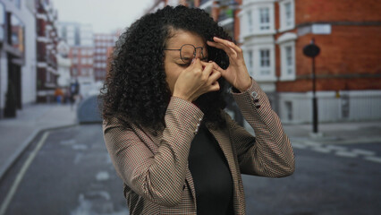 Young latina woman adjusts glasses and rubs her nose bridge on a busy street with red brick buildings; weariness.