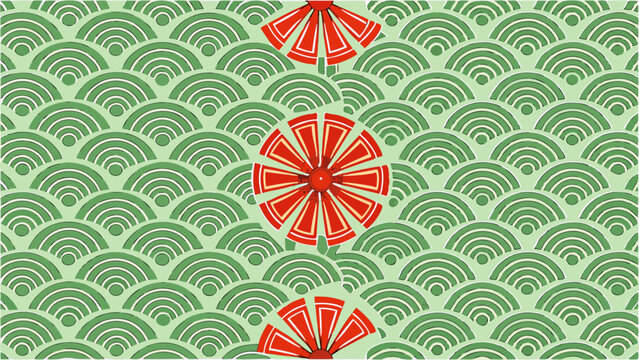 Traditional japanese seigaiha wave pattern with red fan motifs