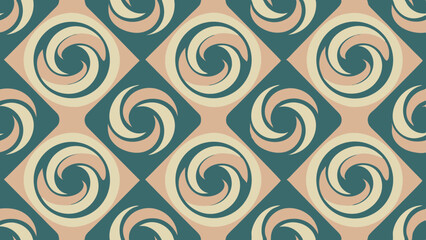 Retro geometric seamless pattern with swirling motifs in muted teal and peach