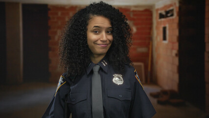 Woman police officer in uniform stands indoors at construction site pointing upwards with a...