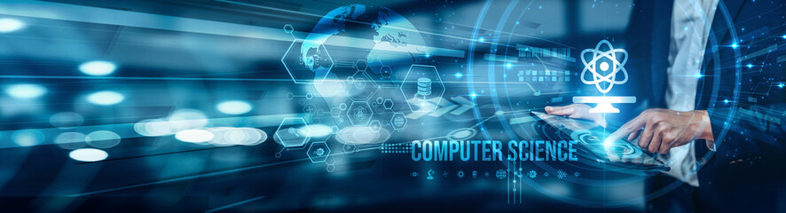 A businessman using a tablet is analyzing computer science concepts like algorithms, programming, data structures, software development to optimize business processes and drive technology innovation.