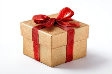 one golden gift box with red bow on white background, present, surprise