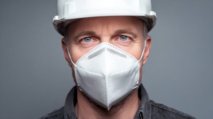 portrait of man builder or engineer with white protective mask and white helmet on light gray background