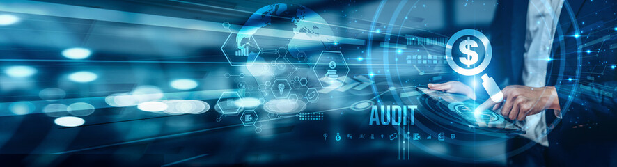 Naklejka premium Businessman using tablet analyzing audit reports, tracking financial discrepancies, ensuring compliance, and optimizing risk management. Audit findings drive strategic decisions for growth.