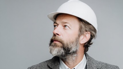 portrait of middle aged man architect with white helmet on light gray background