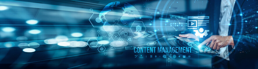 Businessman using tablet analyzing Content Management performance trends, digital strategy,...