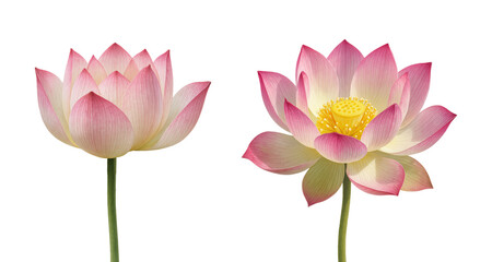 Obraz premium Beautiful Pink Lotus Flowers, Bud and Bloom, Isolated on Transparent and White Background