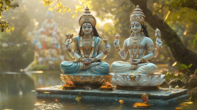 A serene inspired depiction of depiction of Vishnu and Laxmi in a tranquil garden setting