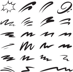 Comic line sparkle and movement elements set. black ink motion accents, burst effects, and dynamic hand drawn stroke symbols perfect for manga, cartoon, or pop art vector illustration projects.