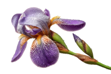 PNG Vibrant purple iris with dewdrops against black background