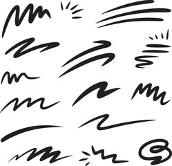 Comic line sparkle and movement elements set. black ink motion accents, burst effects, and dynamic hand drawn stroke symbols perfect for manga, cartoon, or pop art vector illustration projects.
