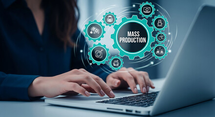 Woman's hands on laptop keyboard, digital gears illustrate mass production concept, symbolizing efficiency and modern manufacturing processes